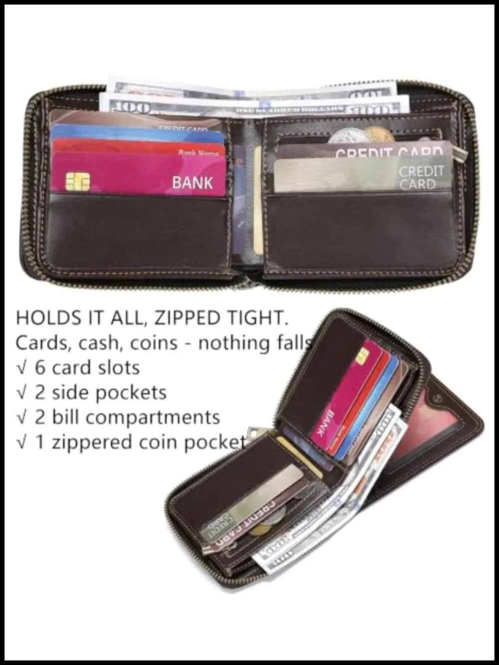 Genuine Leather RFID Blocking Zipper Bifold Wallet for Men with ID Window 14